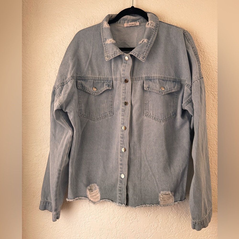 Distressed Light Blue Denim Button-Down Shirt Jacket
